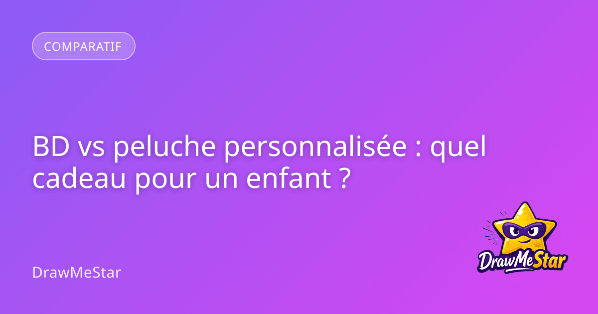 Un enfant tenant une bande dessinée personnalisée avec un sourire émerveillé, comparé à une peluche posée sur une étagère.