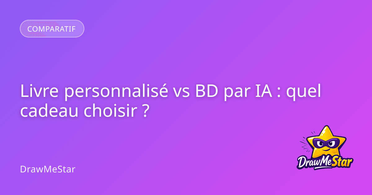 Un enfant tenant une bande dessinée personnalisée où il apparaît en héros, avec une illustration colorée et moderne créée par une intelligence artificielle.