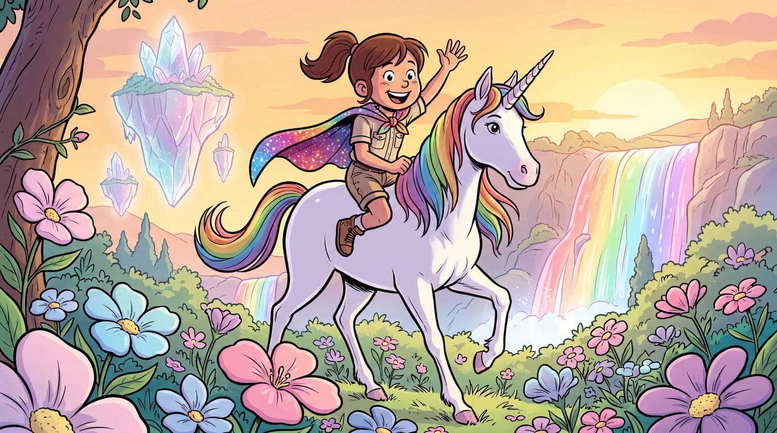 Illustration de bande dessinée personnalisée : une petite fille héroïne chevauche une licorne dans une vallée magique